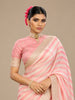 Blush Pink & Ivory Floral Vine Printed and Striped Design Chiffon Party Wear Saree with Scalloped Border