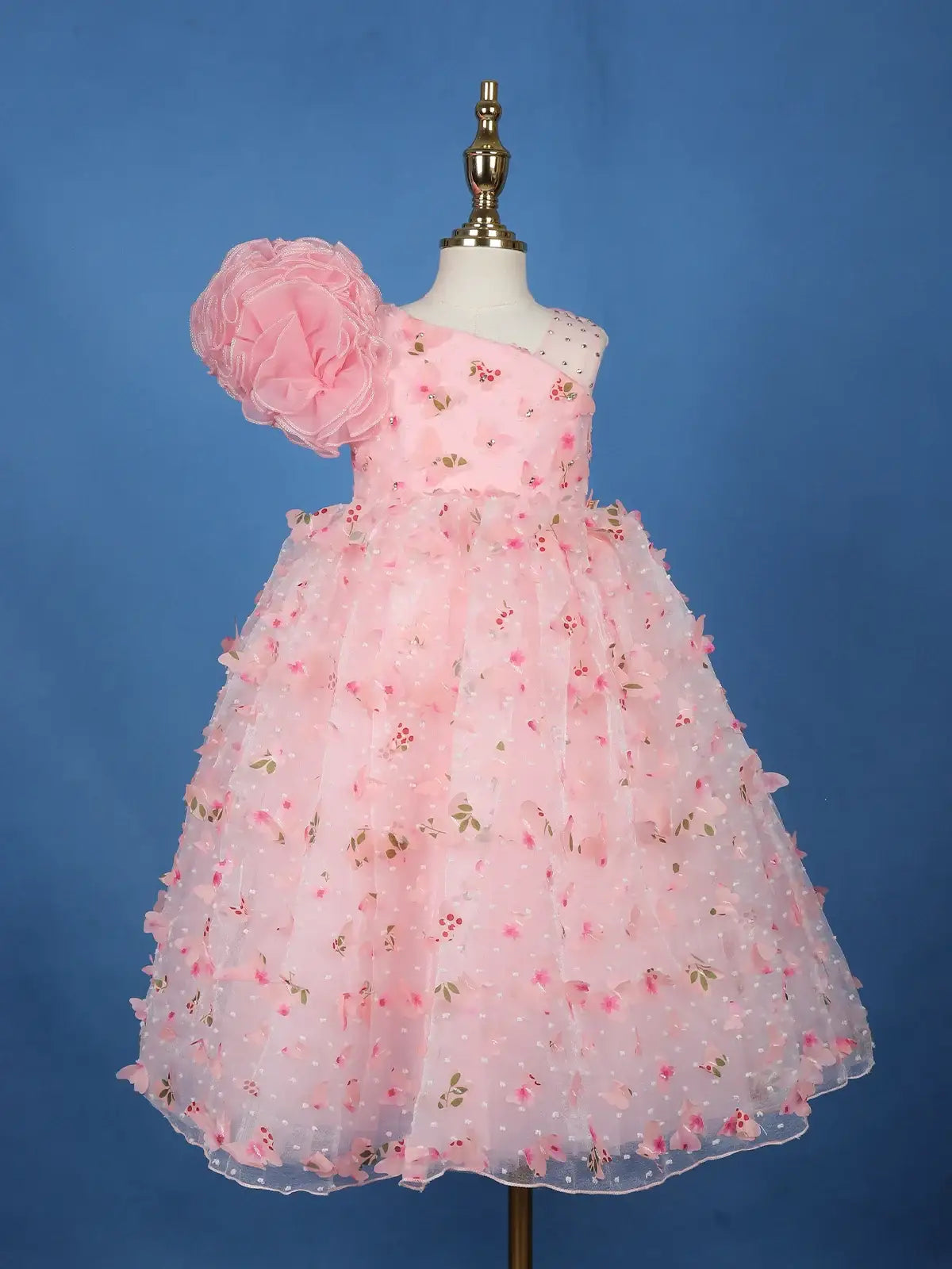 Blush Pink 3D Floral One-Shoulder Girls Net Gown - Diadem