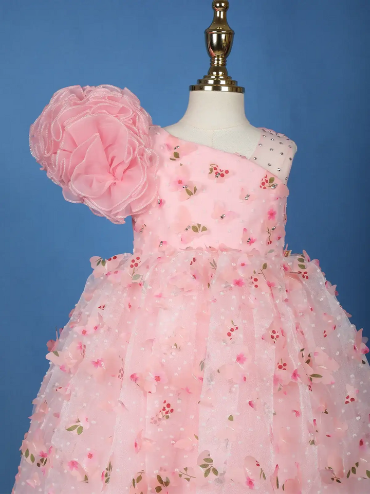 Blush Pink 3D Floral One-Shoulder Girls Net Gown - Diadem