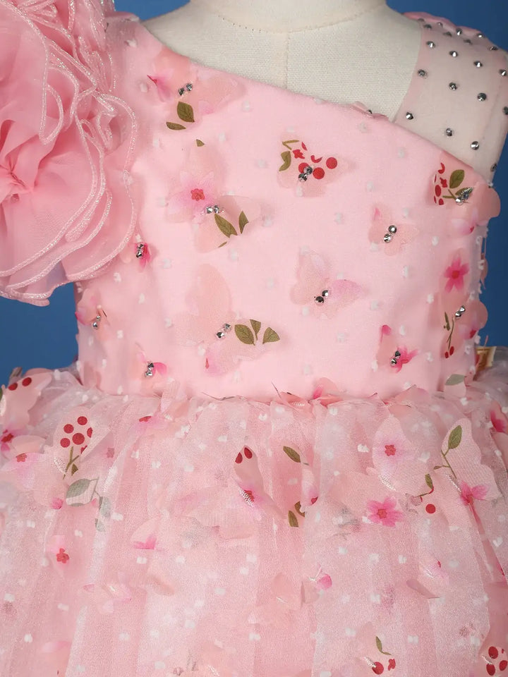 Blush Pink 3D Floral One-Shoulder Girls Net Gown - Diadem