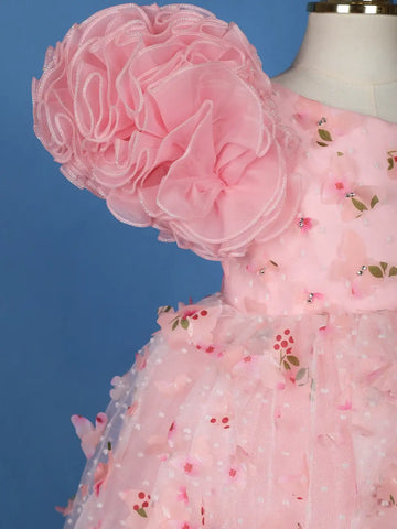 Blush Pink 3D Floral One-Shoulder Girls Net Gown - Diadem