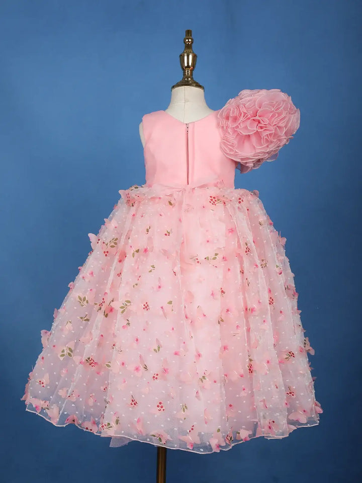 Blush Pink 3D Floral One-Shoulder Girls Net Gown - Diadem