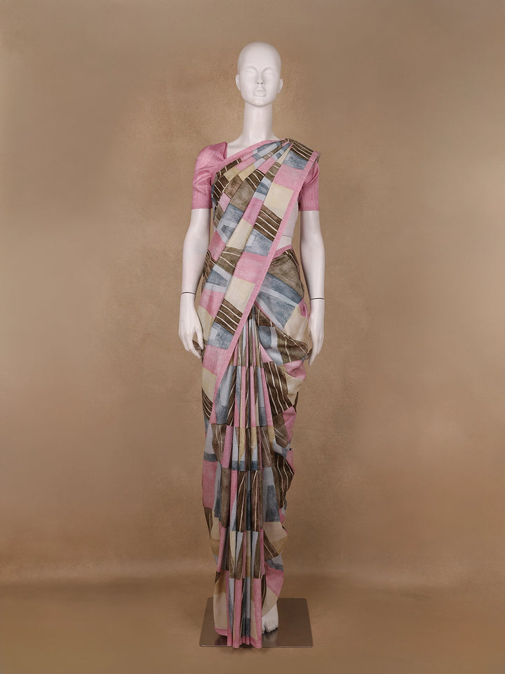 Blush Pink And Earthy Tones Abstract Printed Semi Tussar Silk Saree - Diadem