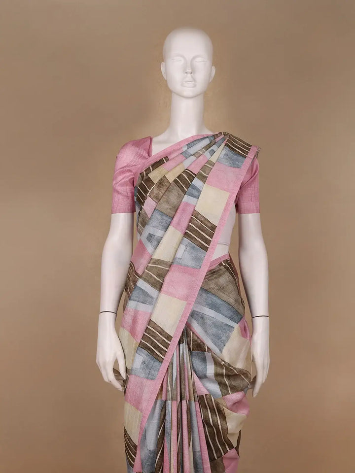 Blush Pink And Earthy Tones Abstract Printed Semi Tussar Silk Saree - Diadem