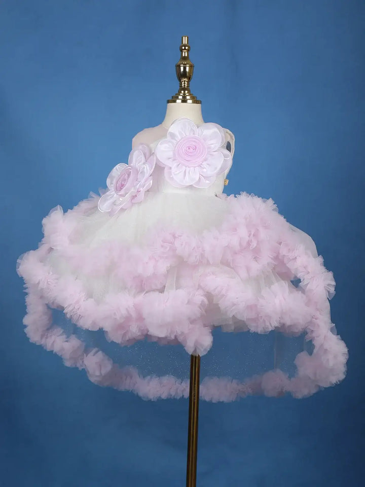 Blush Pink Floral Appliqué Net Frock with Voluminous Net Ruffles - Diadem