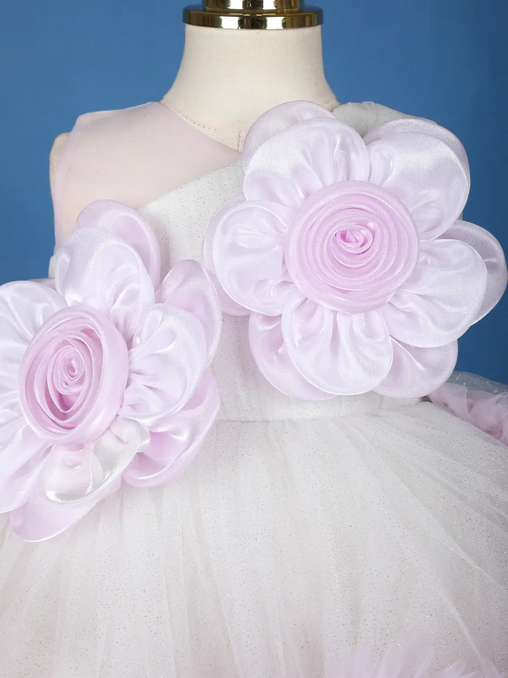 Blush Pink Floral Appliqué Net Frock with Voluminous Net Ruffles - Diadem