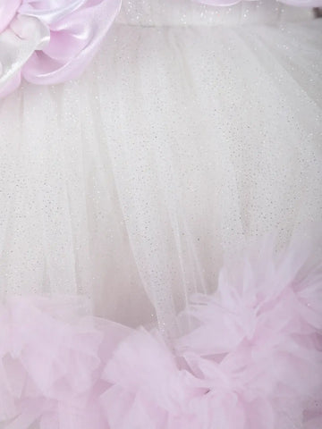 Blush Pink Floral Appliqué Net Frock with Voluminous Net Ruffles - Diadem
