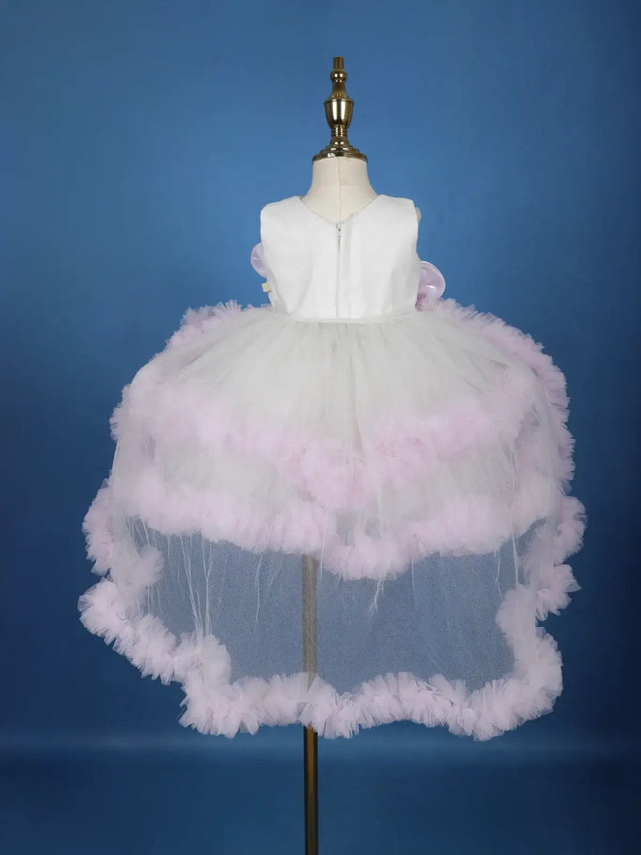 Blush Pink Floral Appliqué Net Frock with Voluminous Net Ruffles - Diadem