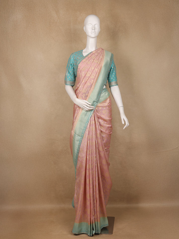 Blush Pink Floral Design Banarasi Silk Saree - Diadem