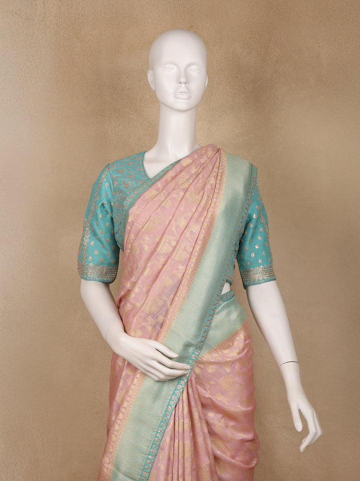 Blush Pink Floral Design Banarasi Silk Saree - Diadem