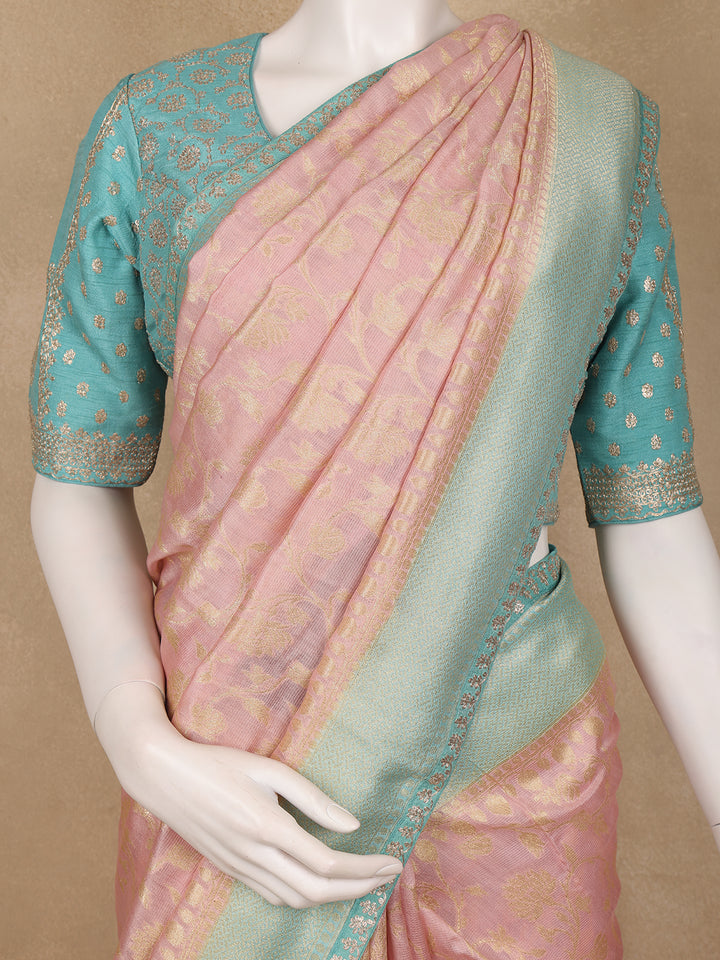 Blush Pink Floral Design Banarasi Silk Saree - Diadem