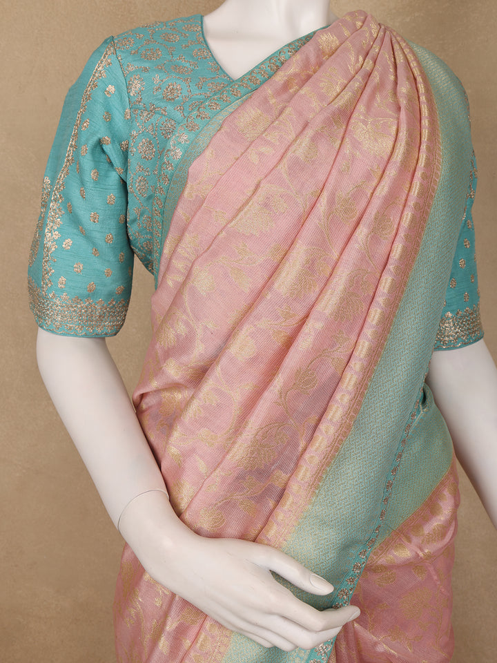 Blush Pink Floral Design Banarasi Silk Saree - Diadem