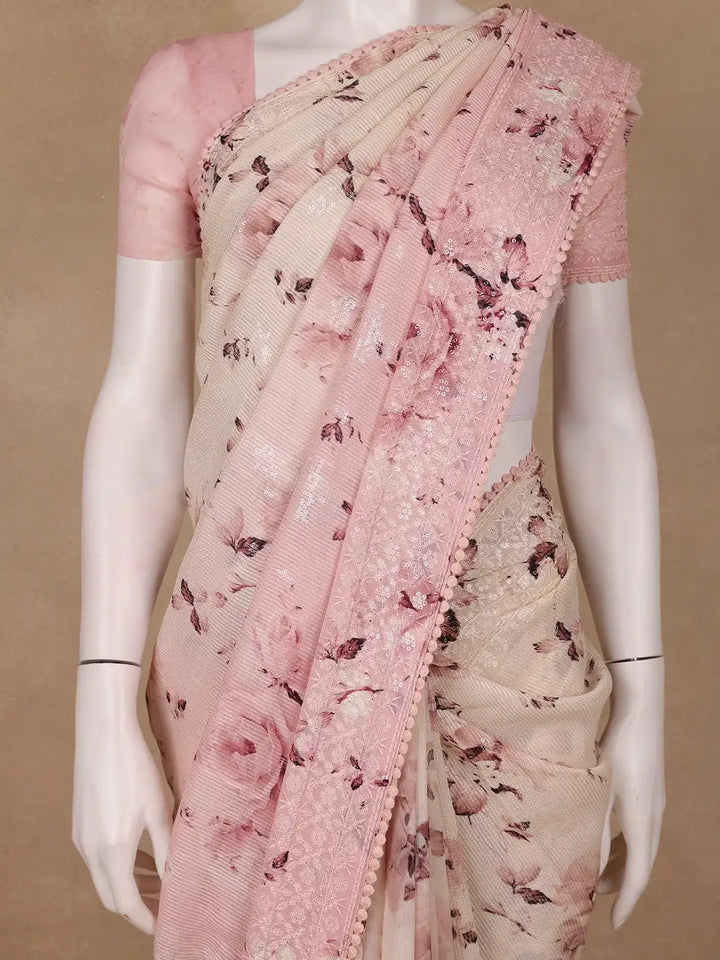 Blush Pink Floral Design Printed Chiffon Saree - Diadem