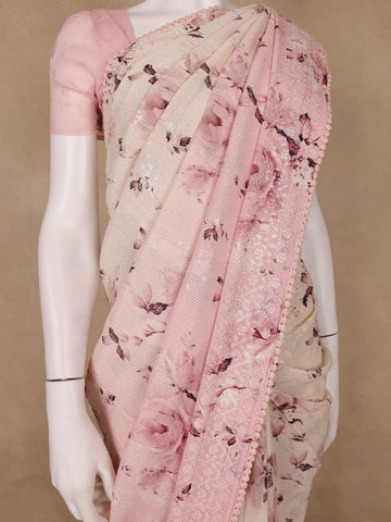 Blush Pink Floral Design Printed Chiffon Saree - Diadem