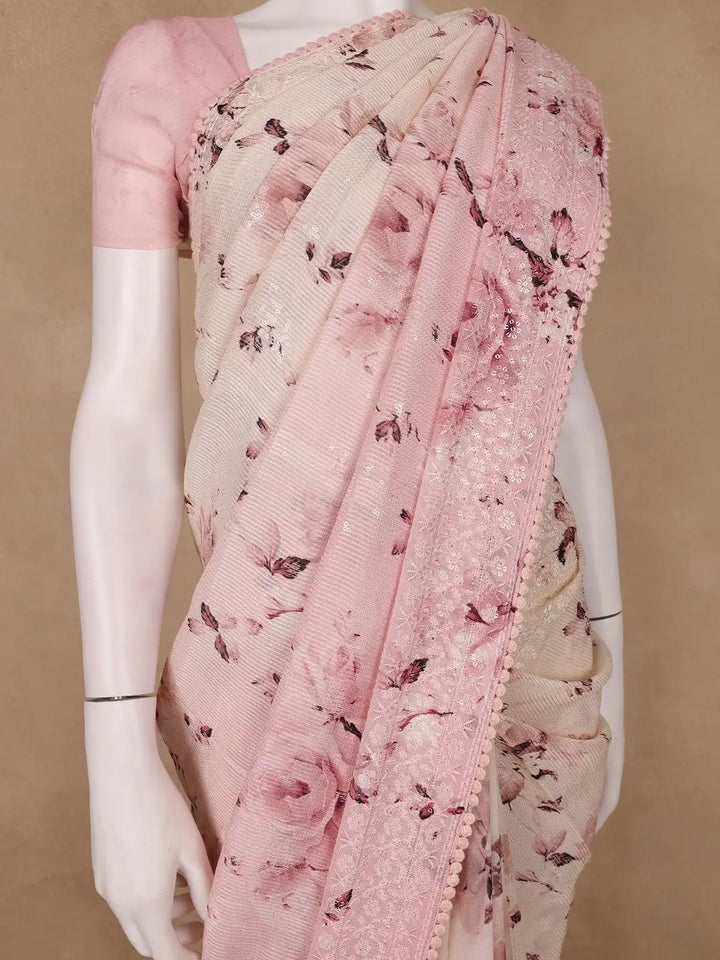 Blush Pink Floral Design Printed Chiffon Saree - Diadem