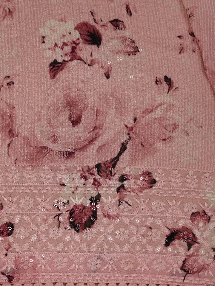 Blush Pink Floral Design Printed Chiffon Saree - Diadem