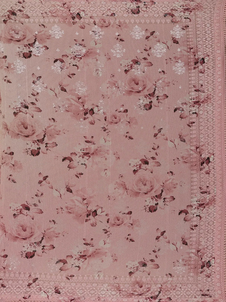 Blush Pink Floral Design Printed Chiffon Saree - Diadem
