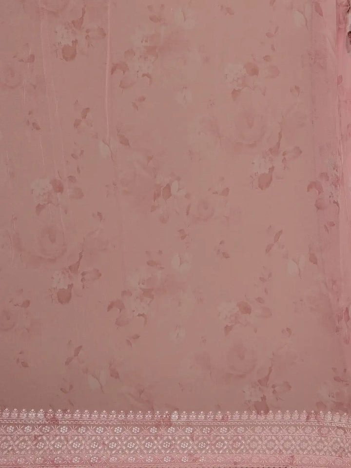Blush Pink Floral Design Printed Chiffon Saree - Diadem