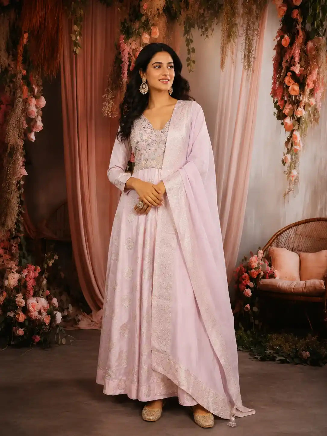 Blush Pink Floral Embroidered Tissue Silk Palazzo Suit with Dupatta