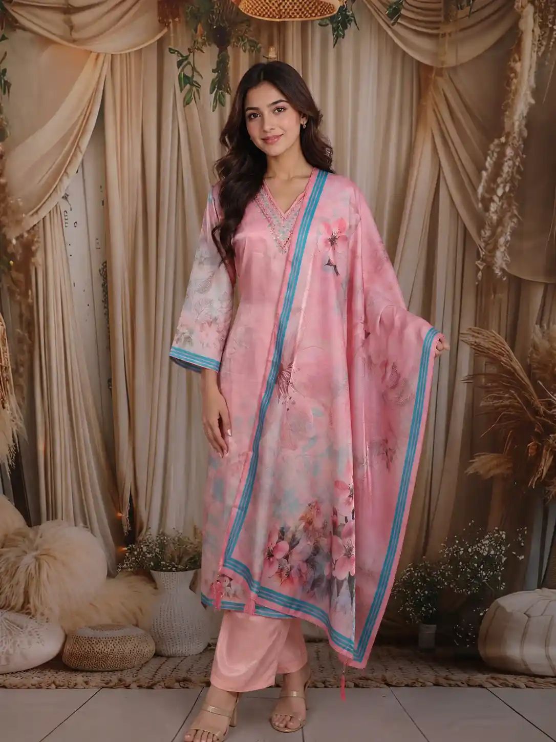 Blush Pink Floral Printed Design Organza Salwar Suit with Dupatta