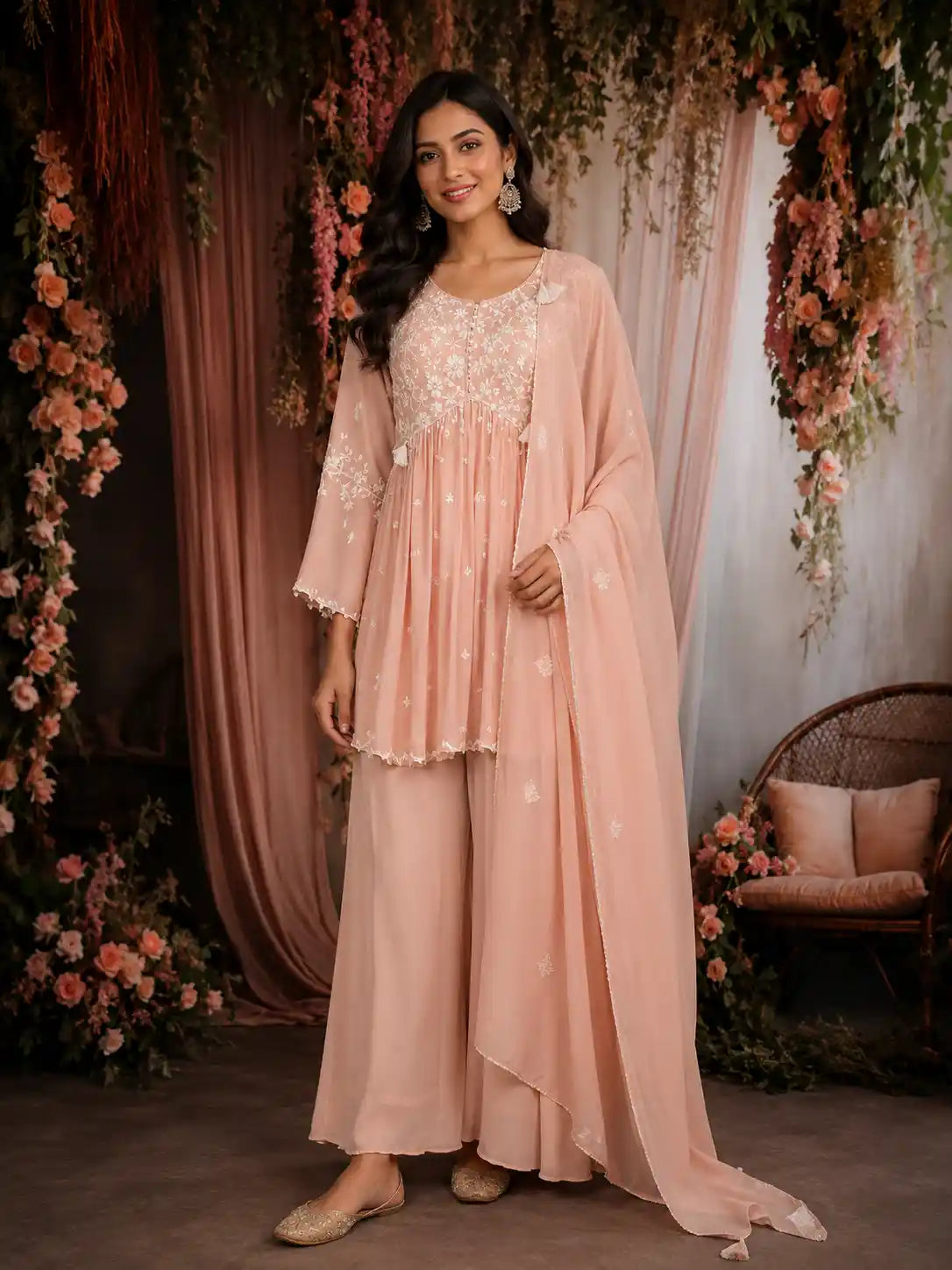 Blush Pink Floral Sequins Embroidered Georgette Palazzo Suit