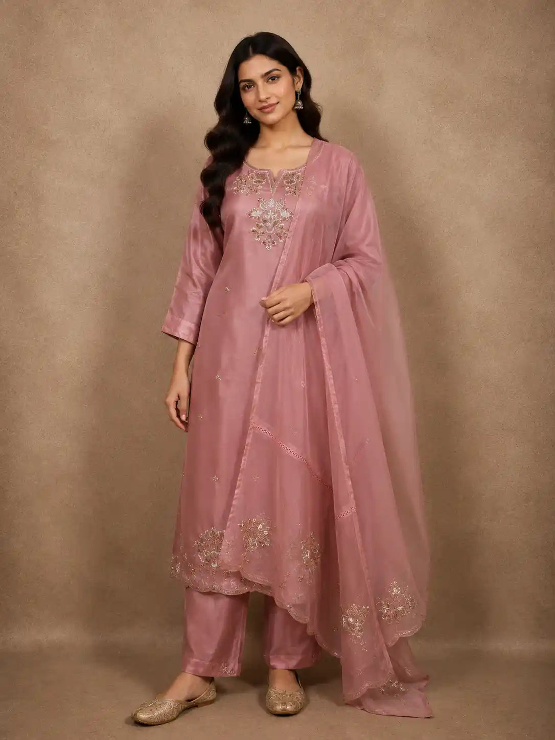 Blush Pink Floral Sequins and Beads Embroidered Design Organza Salwar Suit