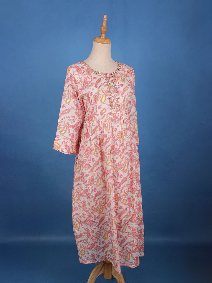 Blush Pink Paisley and Floral Printed Cotton Kurti - Diadem