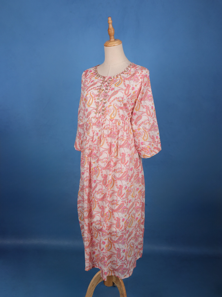 Blush Pink Paisley and Floral Printed Cotton Kurti - Diadem