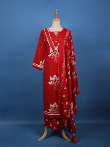 Bold Red Floral Printed Cotton Salwar Suit Set - Diadem