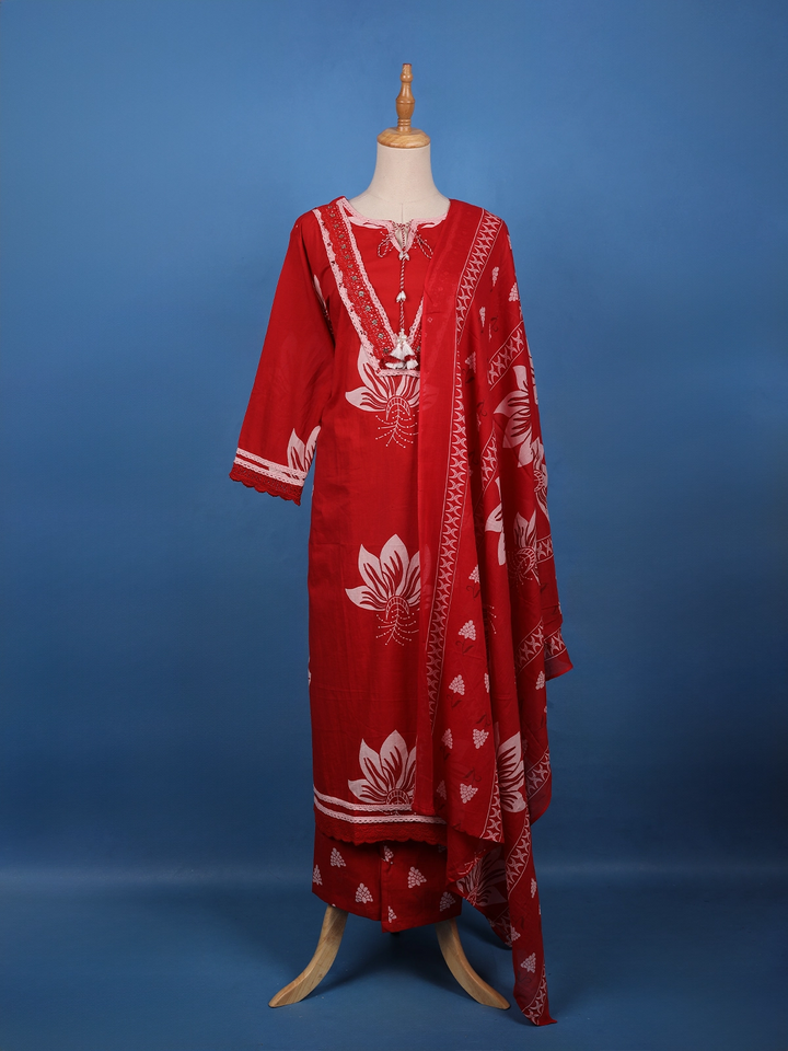 Bold Red Floral Printed Cotton Salwar Suit Set - Diadem