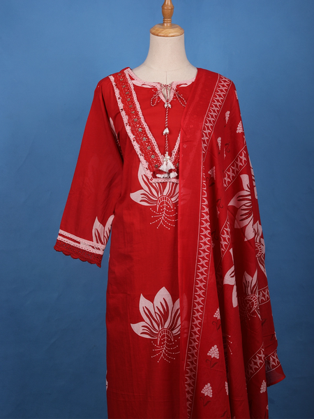 Bold Red Floral Printed Cotton Salwar Suit Set - Diadem
