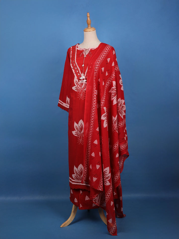 Bold Red Floral Printed Cotton Salwar Suit Set - Diadem