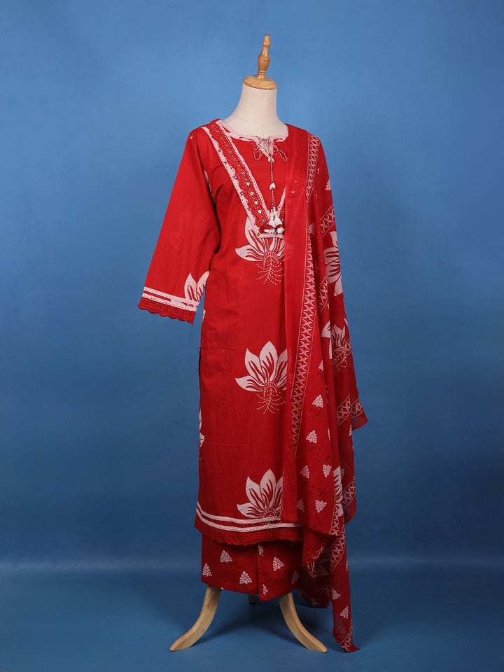 Bold Red Floral Printed Cotton Salwar Suit Set - Diadem
