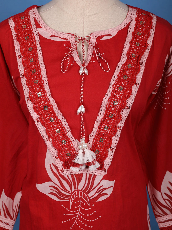 Bold Red Floral Printed Cotton Salwar Suit Set - Diadem