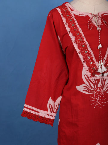 Bold Red Floral Printed Cotton Salwar Suit Set - Diadem