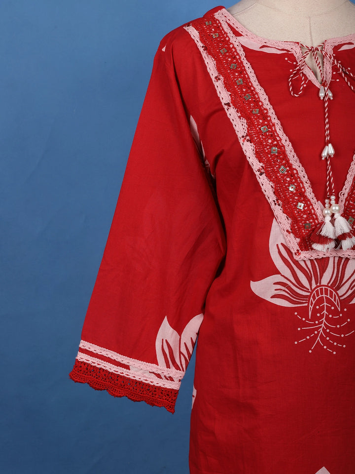 Bold Red Floral Printed Cotton Salwar Suit Set - Diadem