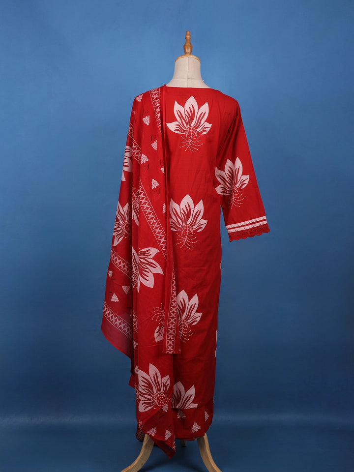 Bold Red Floral Printed Cotton Salwar Suit Set - Diadem