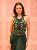 Bottle Green Abstract Sequins and Beads Embroidered Design Satin Party Wear Draped Skirt Corset Top