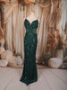 Bottle Green All Over Heavy Sequins and Crystal Embroidered Design Sequins Fabric Party Wear Fish Cut Gown