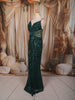 Bottle Green All Over Heavy Sequins and Crystal Embroidered Design Sequins Fabric Party Wear Fish Cut Gown
