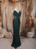Bottle Green All Over Heavy Sequins and Crystal Embroidered Design Sequins Fabric Party Wear Fish Cut Gown