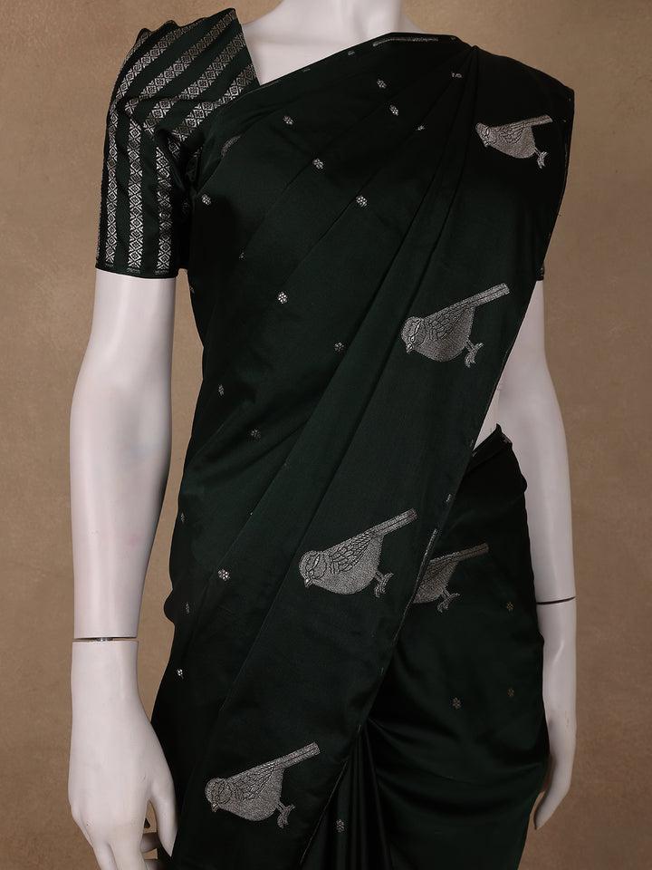 Bottle Green Bird Design Tussar Silk Saree - Diadem