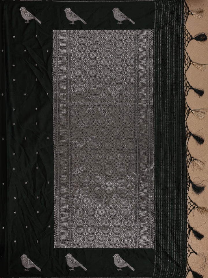 Bottle Green Bird Design Tussar Silk Saree - Diadem