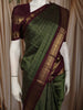 Bottle Green Checked Zari Woven Design Pure Kanchipuram Silk Saree with Contrast Double Zari Border