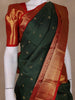 Bottle Green Checks And Floral Butta Pure Kanchipuram Silk Saree