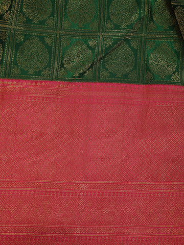 Bottle Green Floral Checks Woven Pure Kanchipuram Silk Saree - Diadem