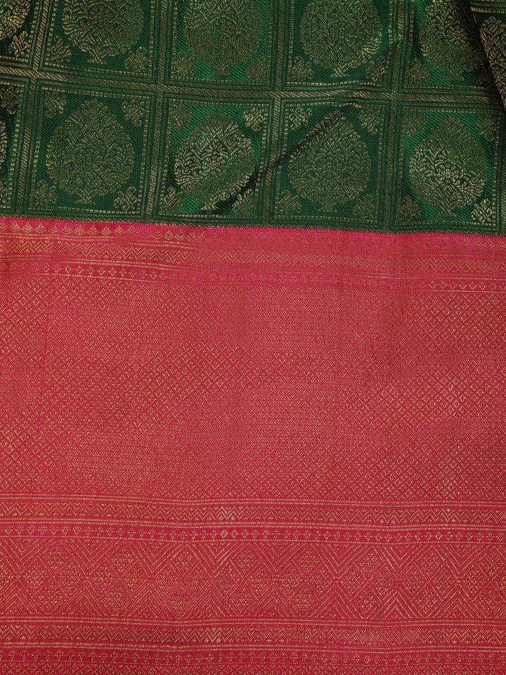 Bottle Green Floral Checks Woven Pure Kanchipuram Silk Saree - Diadem