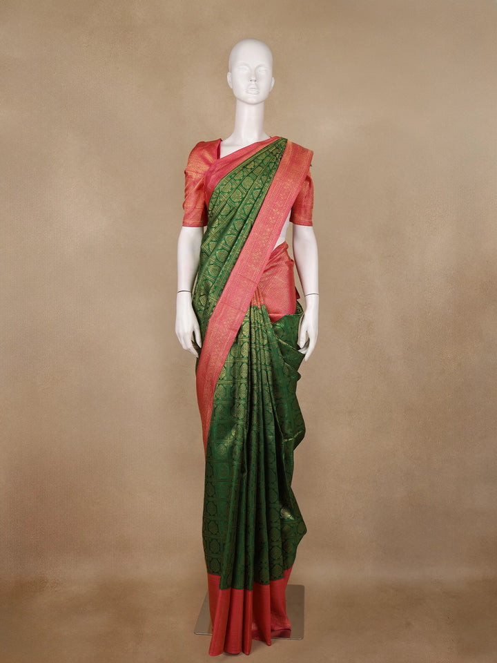 Bottle Green Floral Checks Woven Pure Kanchipuram Silk Saree - Diadem