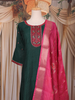Bottle Green Floral Design Cotton Straight-Cut Salwar Suit with Floral Dupatta