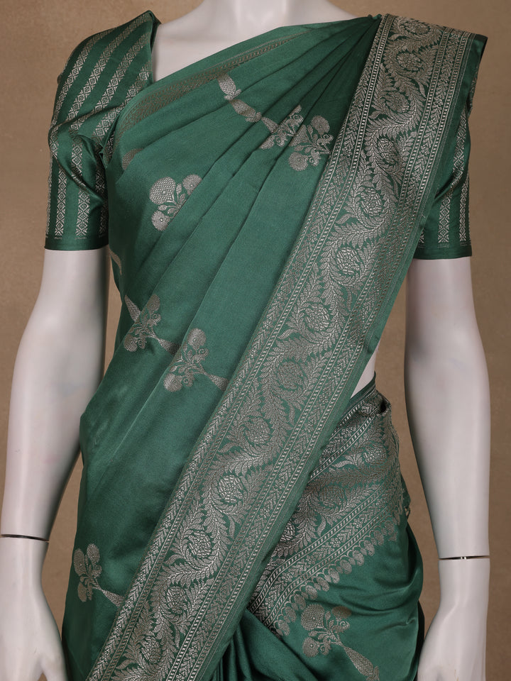 Bottle Green Floral Design Tussar Silk Saree - Diadem